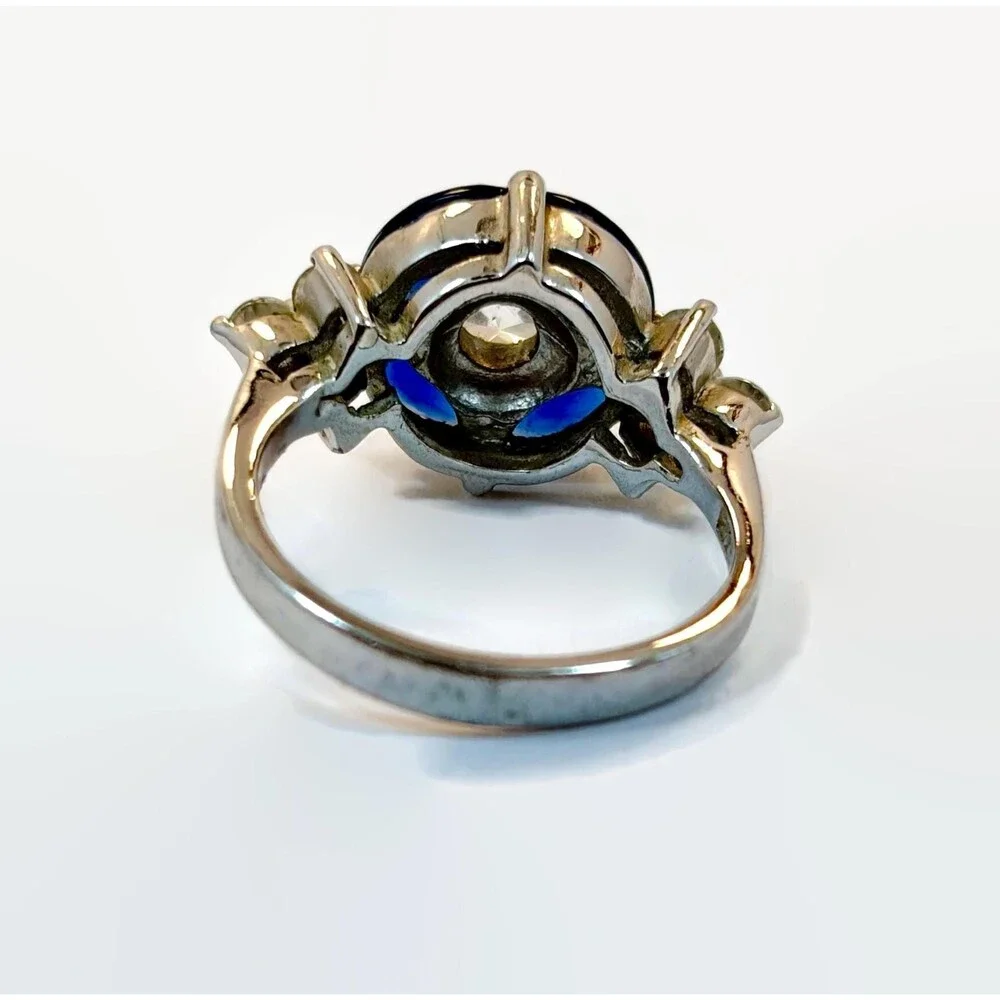 Art Deco Style Ring, Sterling Silver, Vintage, Designer, Faux Blue Sapphire, CZs